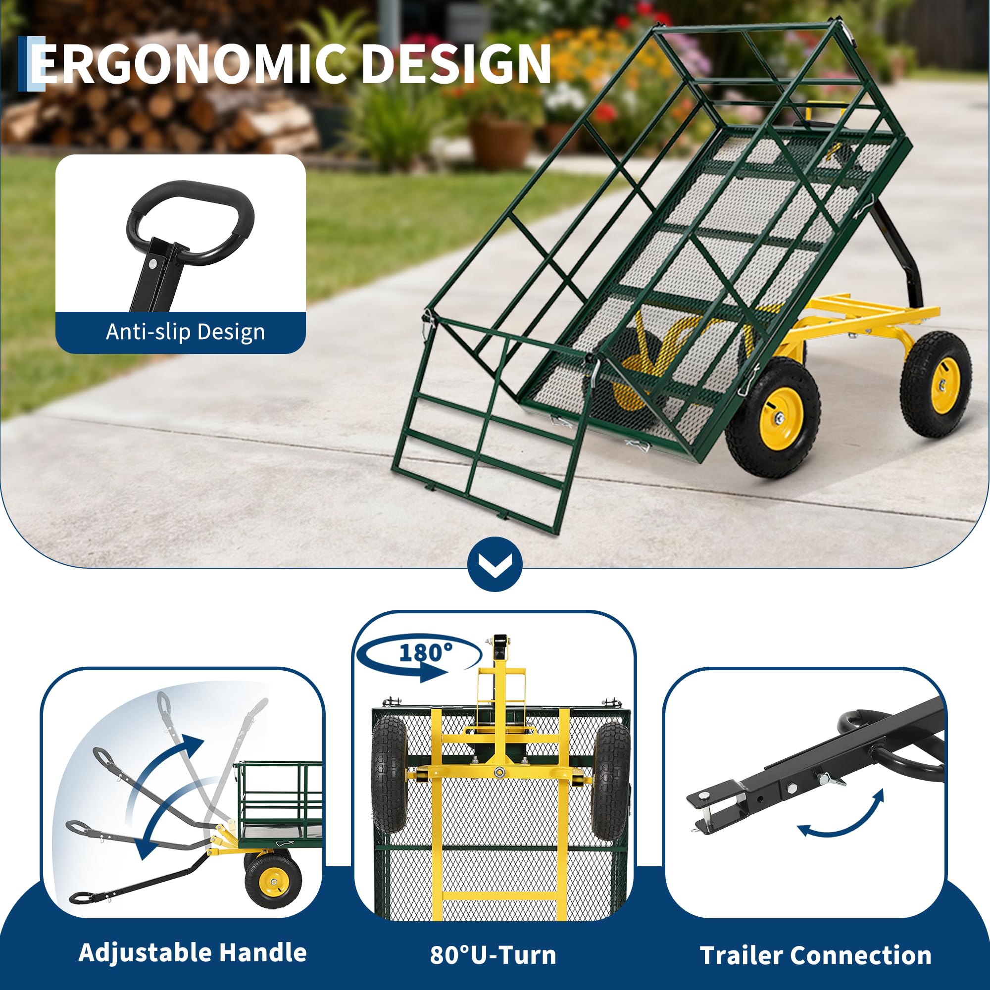 green and black 1500 lbs garden dump cart with adjustable handle and tow connection