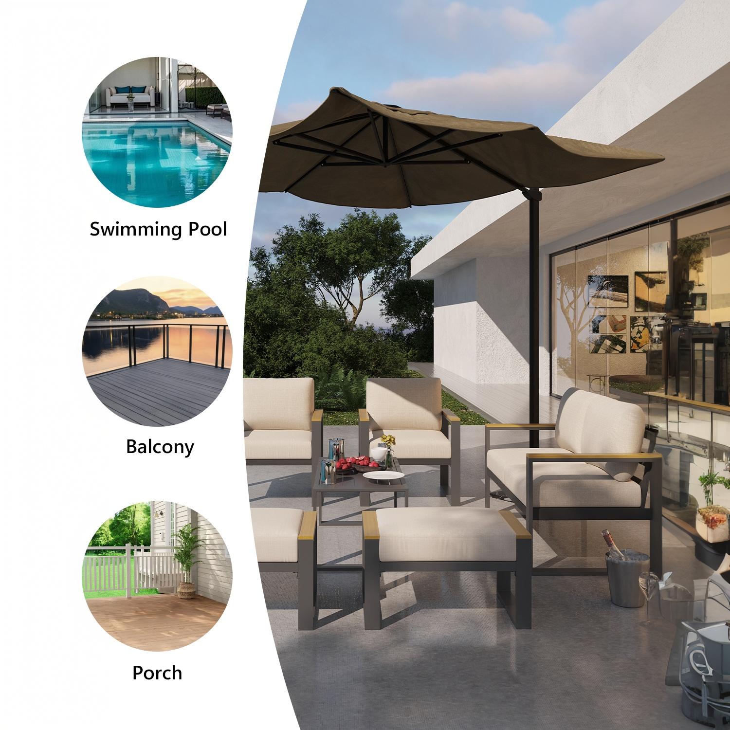 Beige patio conversation set arranged for poolside, balcony, and porch spaces