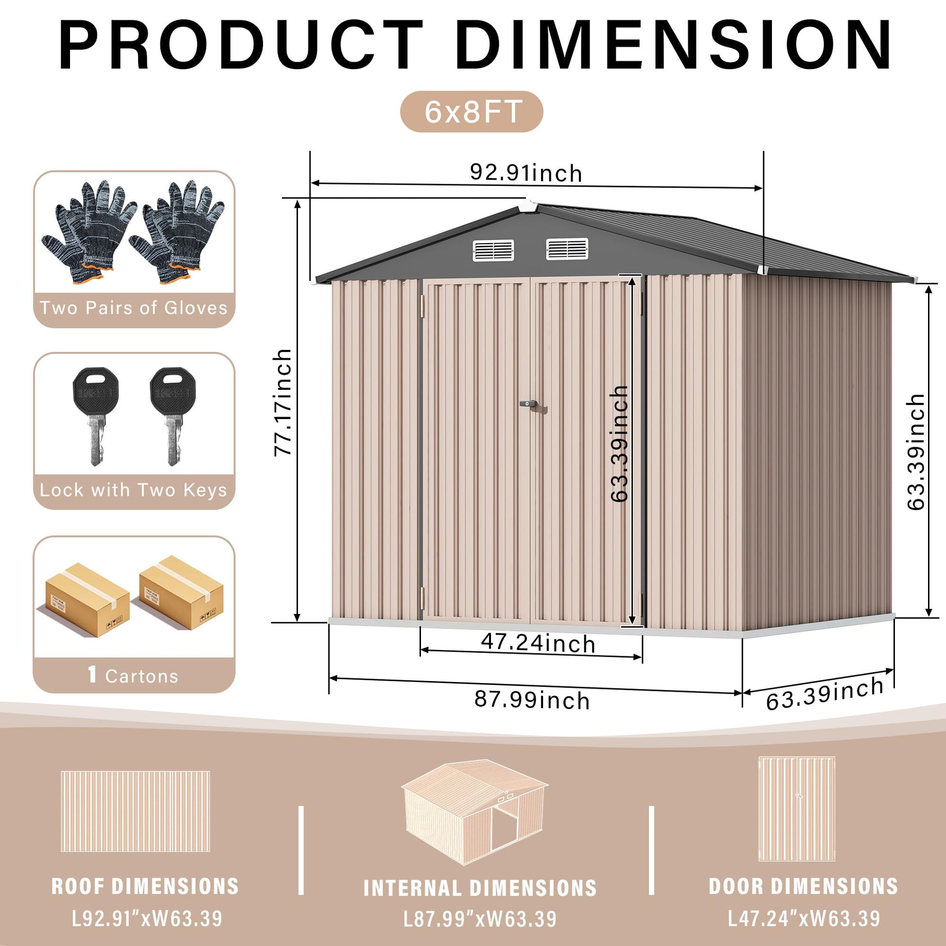 6x8 ft outdoor storage shed product dimensions with lock, keys, gloves, and carton information