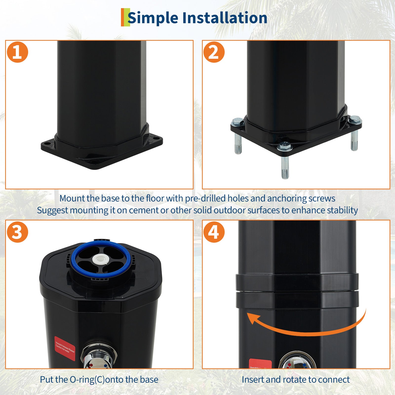 Four step installation guide for the octagonal solar outdoor shower base and two section column