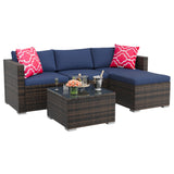 Garvee 5-Piece Brown Wicker Patio Sectional Sofa Set – Navy Blue Cushions, Red Pillows, Glass Coffee Table & Ottoman, All-Weather Rattan, L-Shaped Outdoor Conversation Furniture for Backyard, Porch – Brown Four-Line Rattan + Navy Blue Cushion + Red Pillow - Brown Four-Line Rattan + Navy Blue Cushion + Red Pillow