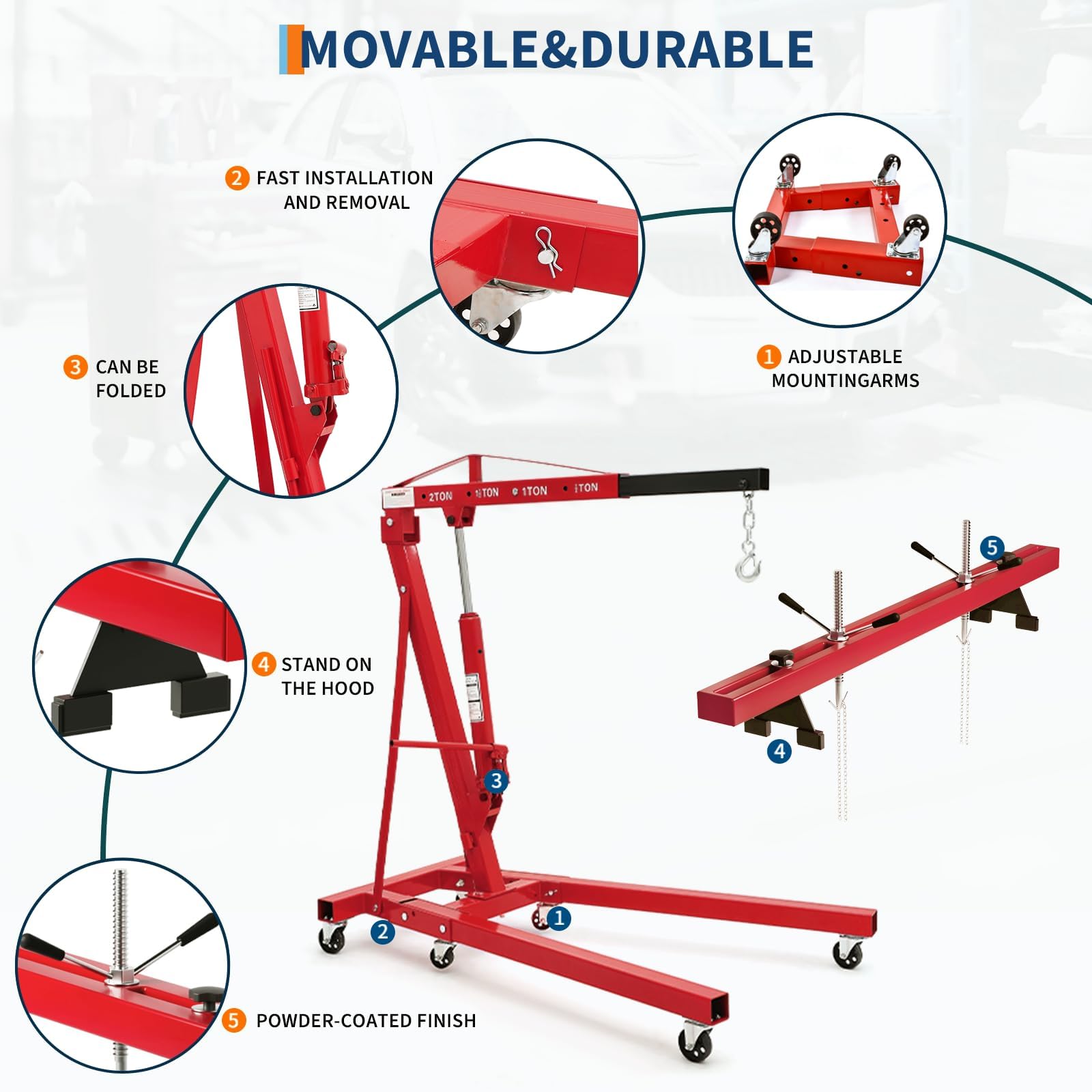 Durable red engine hoist with powder-coated finish and adjustable mounting arms