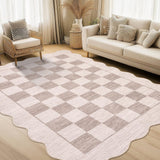 Garvee Modern Scalloped Checkered Area Rug – Soft Low Pile, Non-Slip, Machine Washable Carpet for Living Room, Bedroom – Mark Resistant Accent Mat – Beige Brown, 5x7ft (152x213cm) - Scalloped-Beige And Brown