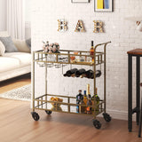 Garvee Gold 2-Tier Rolling Bar Cart with Mirrored Shelves – Portable Wine and Beverage Cart with 4 Wine Bottle Racks & 3 Glass Holders – Compact Serving Trolley for Home, Dining, Party – 34x15x35in, Gold + Mirror