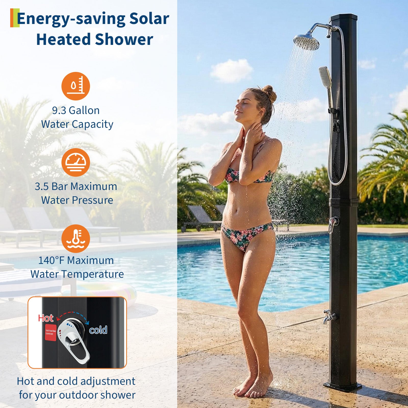 35L octagonal solar heated outdoor shower beside a swimming pool with temperature and pressure details