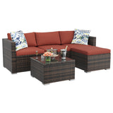 Garvee 5-Piece Patio Sectional Sofa Set – All-Weather Brown PE Rattan, Wine Red Cushions, Blue Floral Pillows, Tempered Glass Table & Ottoman, Ideal for Backyard, Porch, Poolside – Brown Four-Line Rattan + Wine Red Cushion + Blue Floral Pillow - Brown Four-Line Rattan + Navy Blue Cushion + Red Pillow