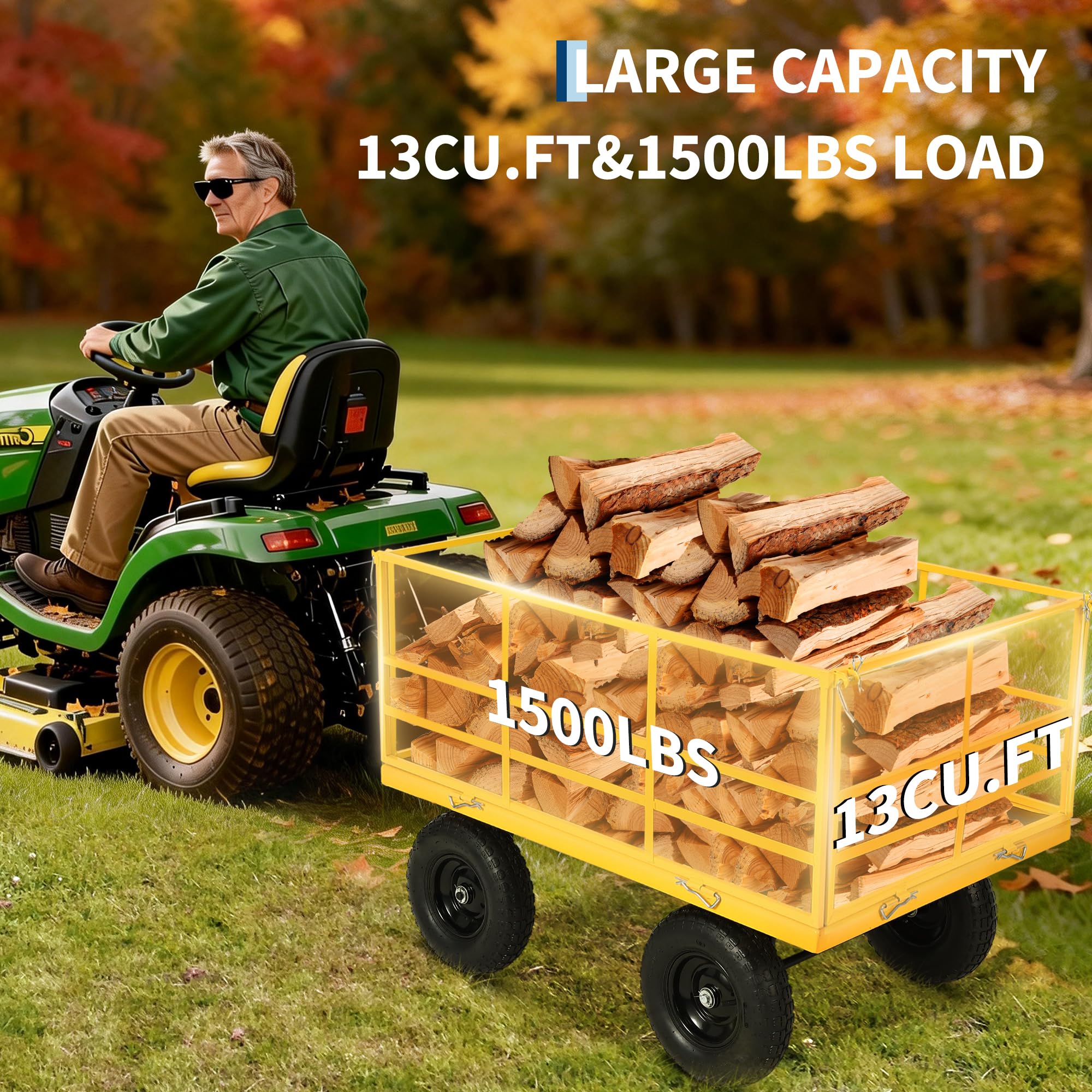 yellow and black 1500 lbs garden dump cart with large mesh bed capacity