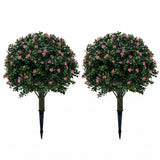 Garvee UV Resistant Artificial Boxwood Topiary Balls Set of 2 – 24" Faux Greenery Shrubs with Pink Flowers, Ground Spikes, Realistic Decorative Outdoor Plants for Porch, Garden, Planters – Pink - White