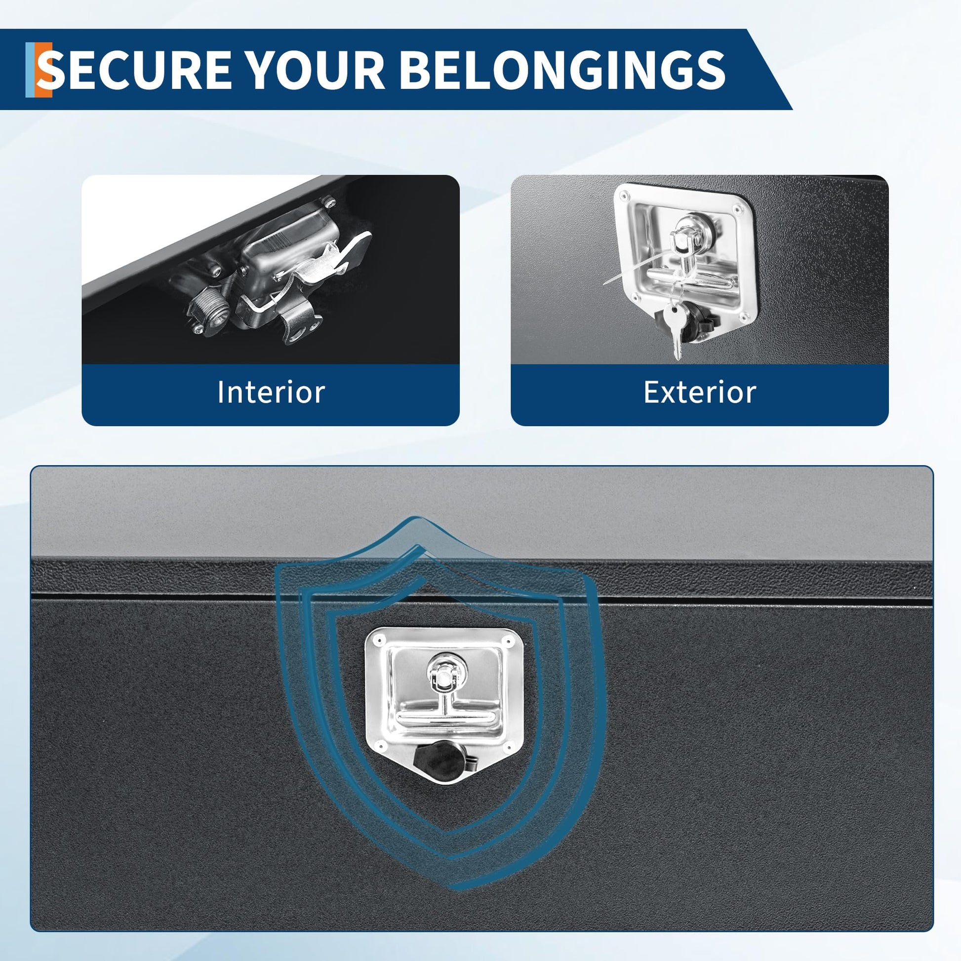 Lock and key security details on underbody truck tool box