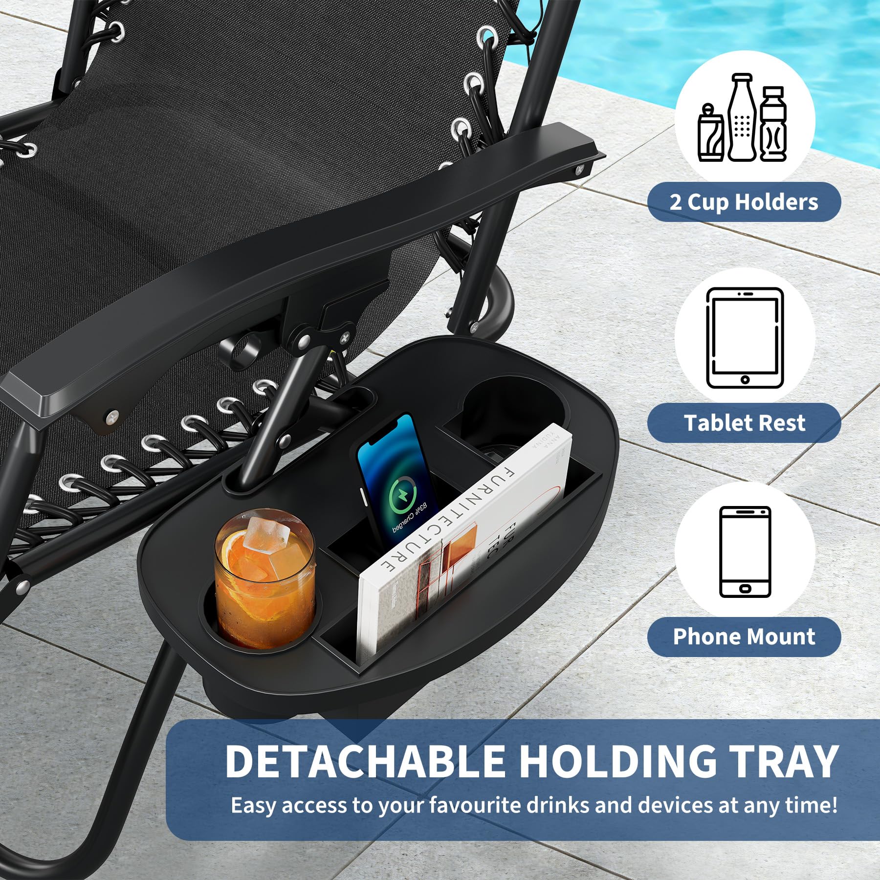 black folding patio recliner with pillow and detachable tray