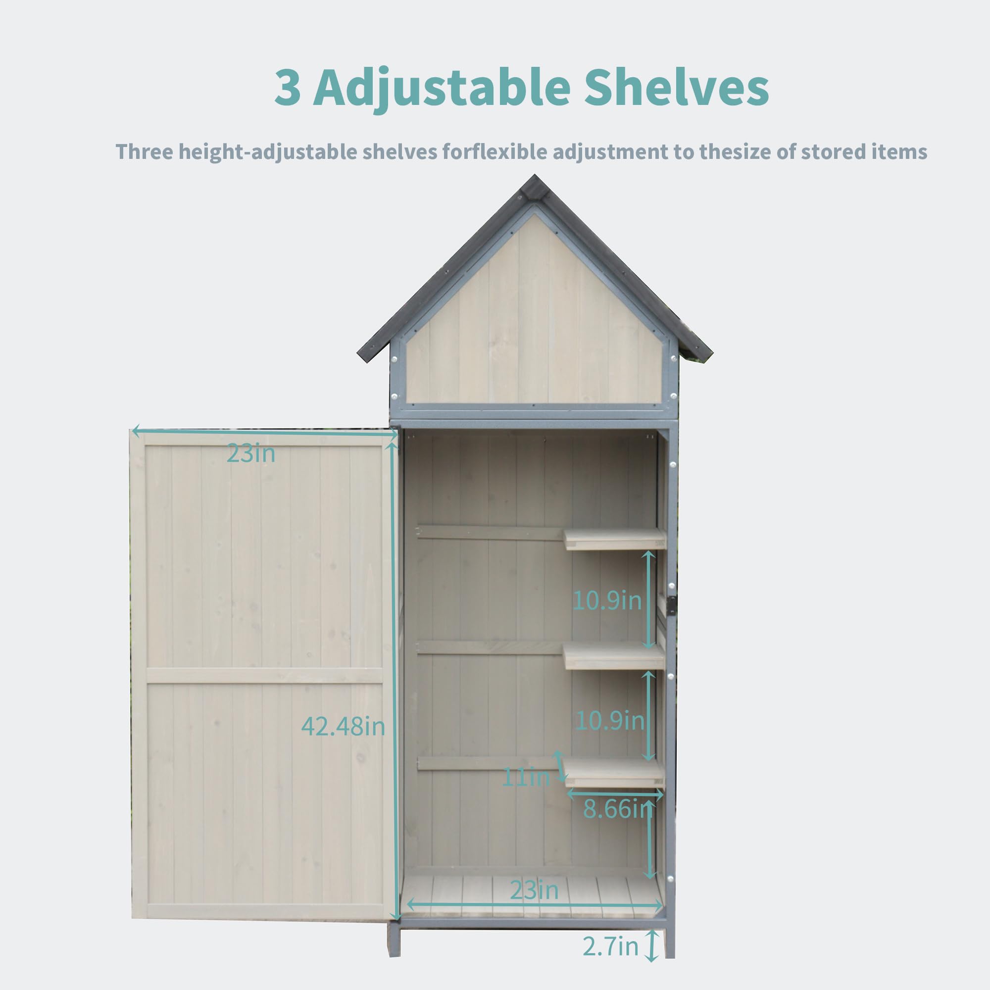 Garvee grey vertical garden storage cabinet with three adjustable shelves and open double door