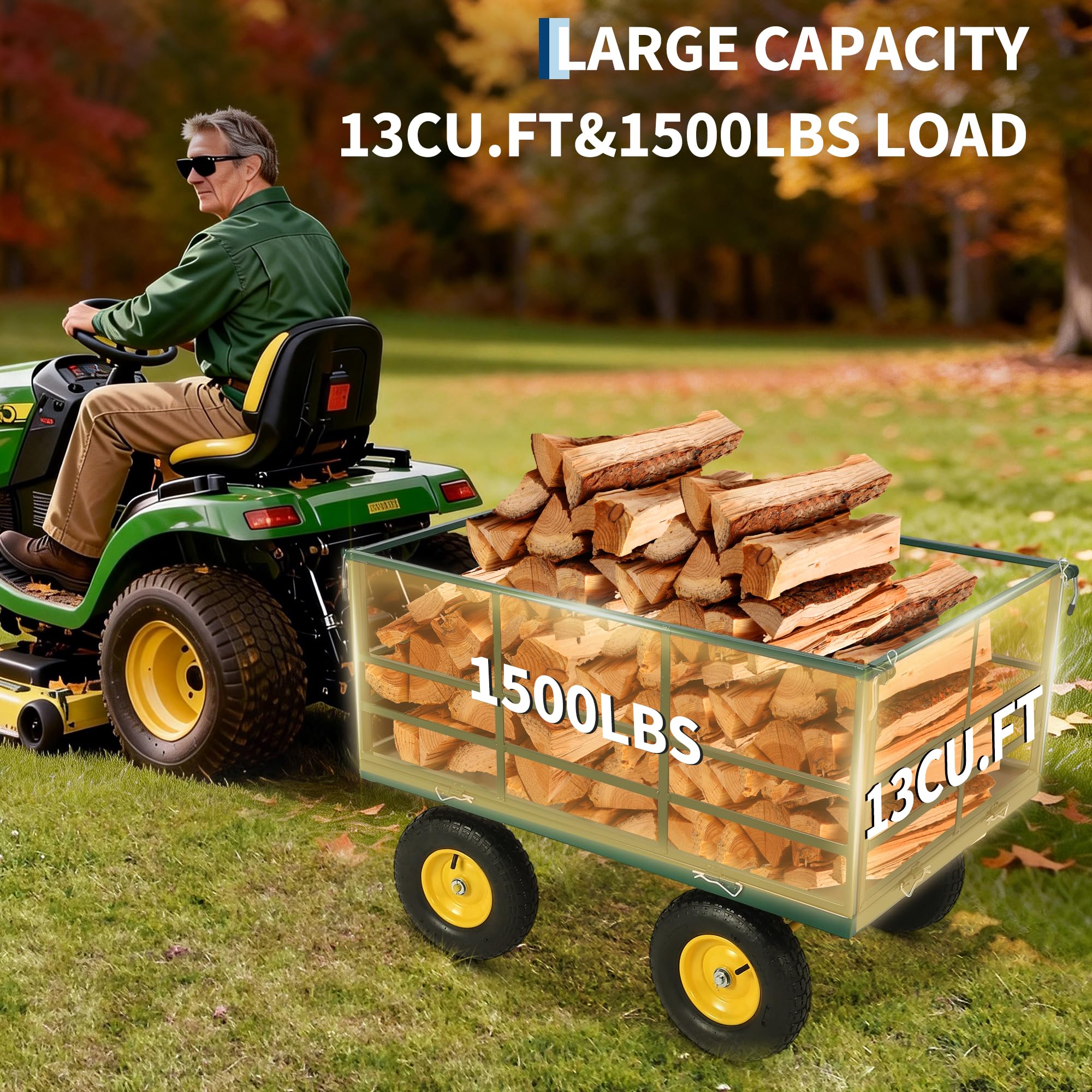 green and black 1500 lbs garden dump cart with large mesh bed capacity