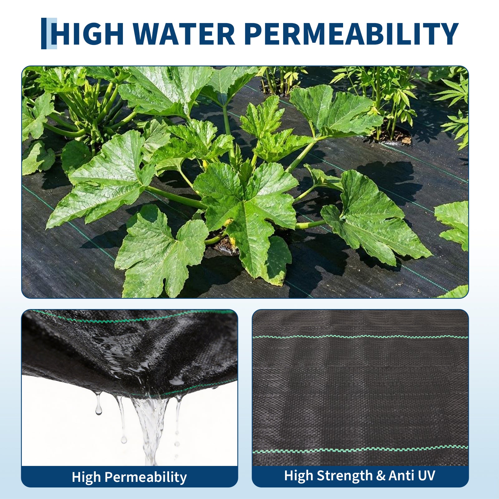 black woven landscape fabric demonstrating water permeability beneath garden plants