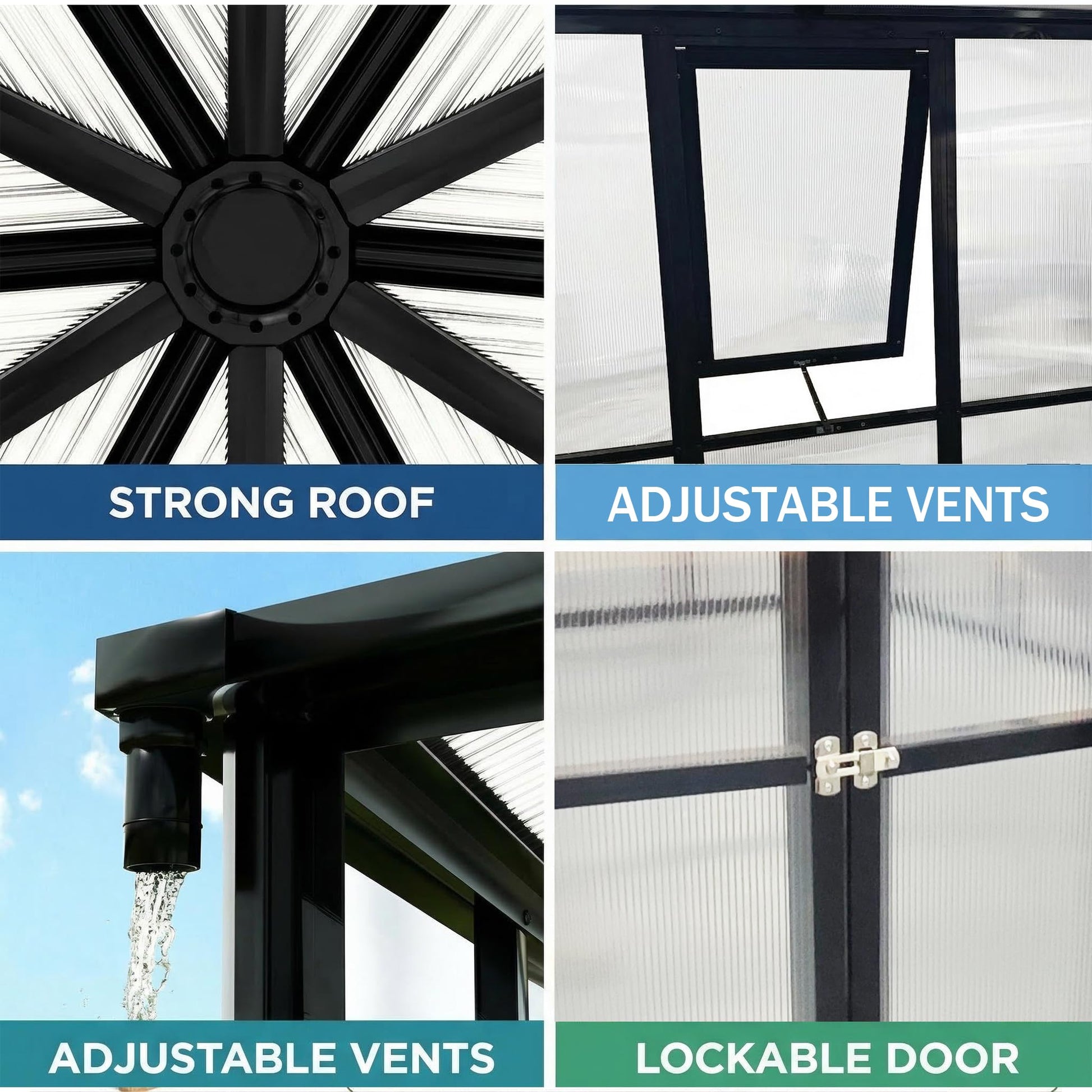 Strong roof adjustable vents gutter and lockable door details