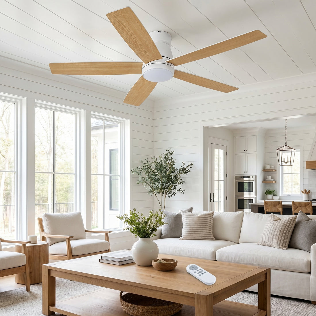 Garvee Ventilateur de plafond 52" avec lumière et télécommande, LED moderne 3 températures de couleur, moteur CC réversible silencieux pour chambre, salon, salle à manger, noir mat