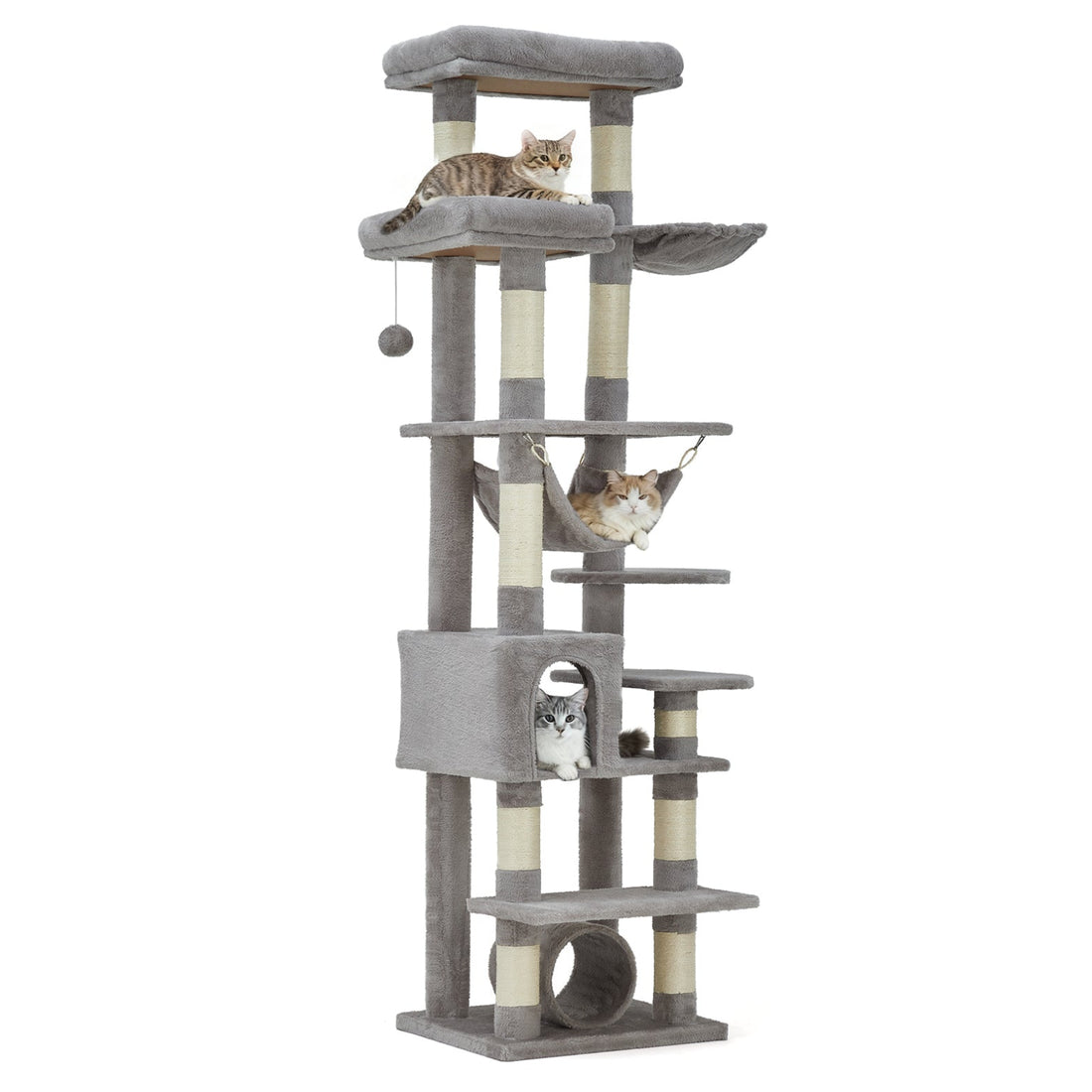 Garvee 74" Tall Cat Tree for Large Cats with Scratching Posts, Condo, Perches, Hammock, Tunnel & Feeding Station, Deep Gray