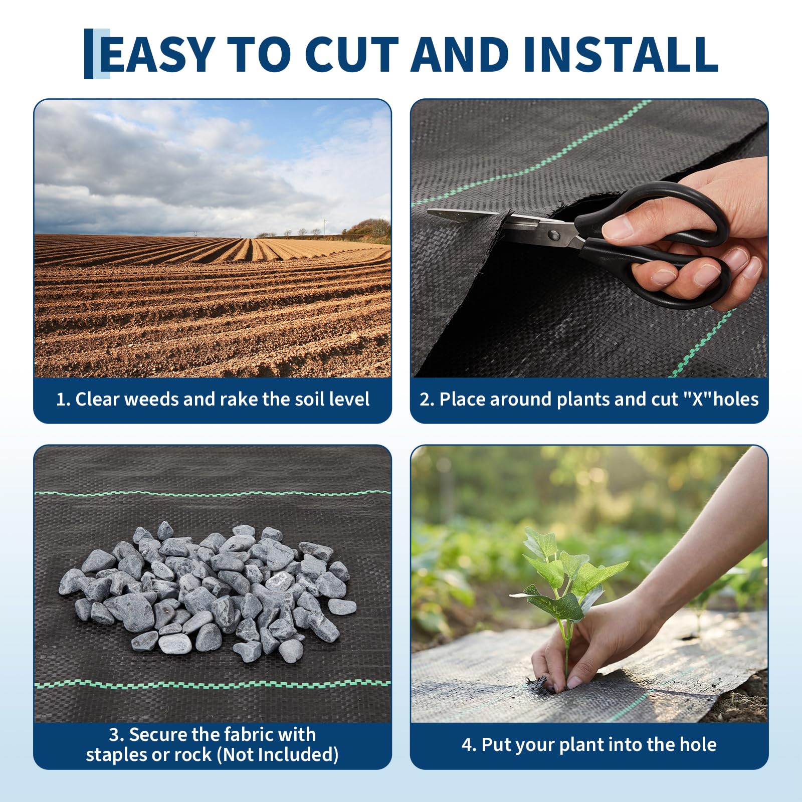 step by step cutting and installation guide for black woven weed barrier fabric
