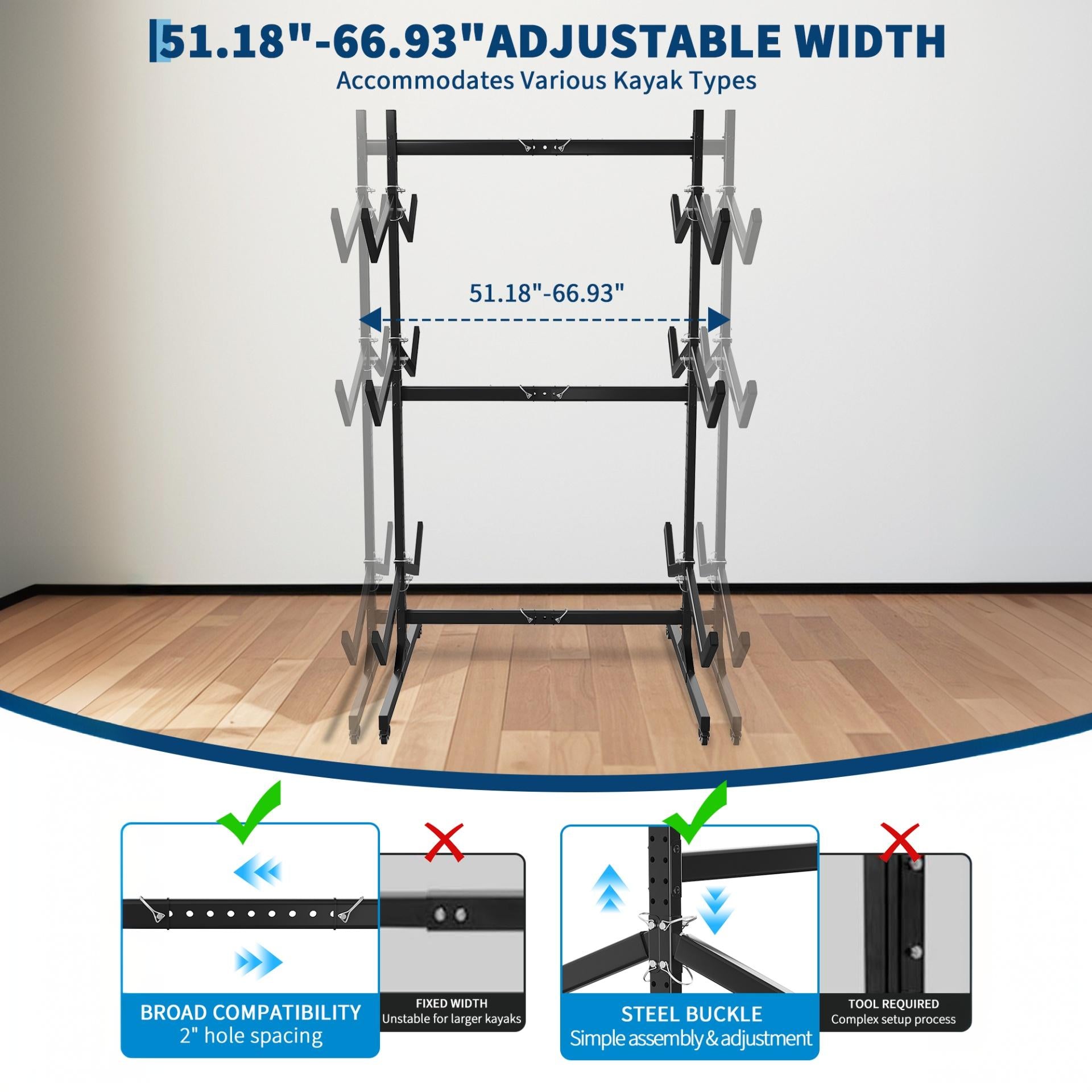 Kayak rack adjustable width and tool-free steel buckle system