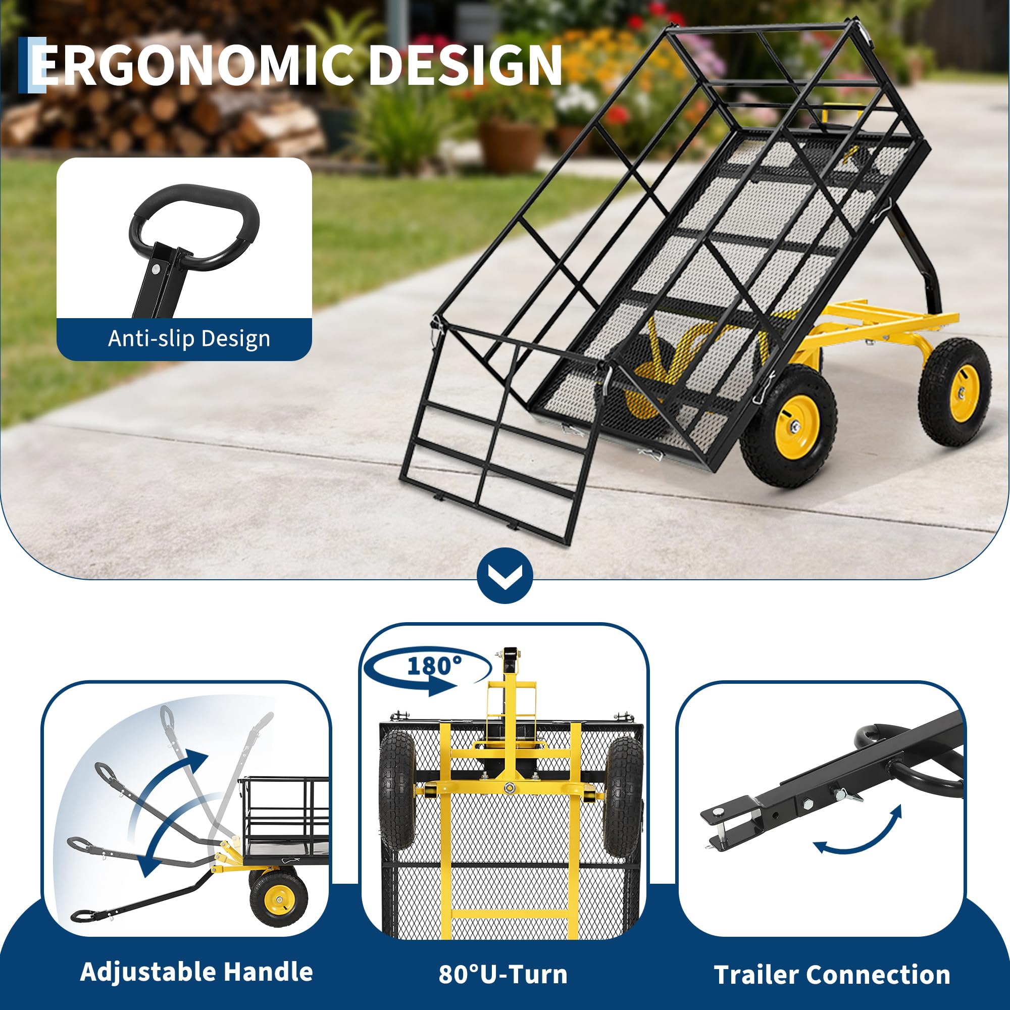 black and yellow 1500 lbs garden dump cart with adjustable handle and tow connection
