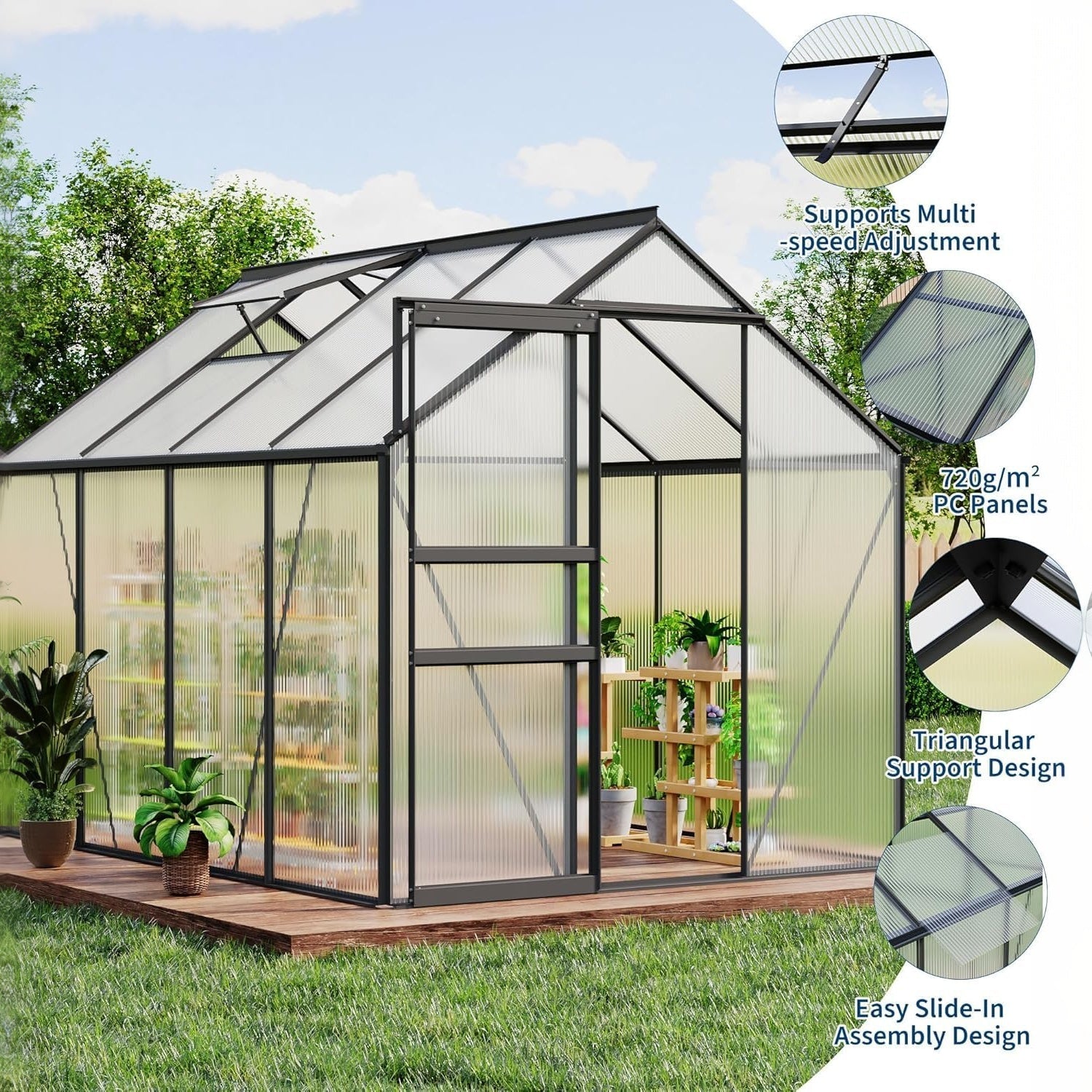 Greenhouse details showing polycarbonate panels roof vent support and reinforced frame structure