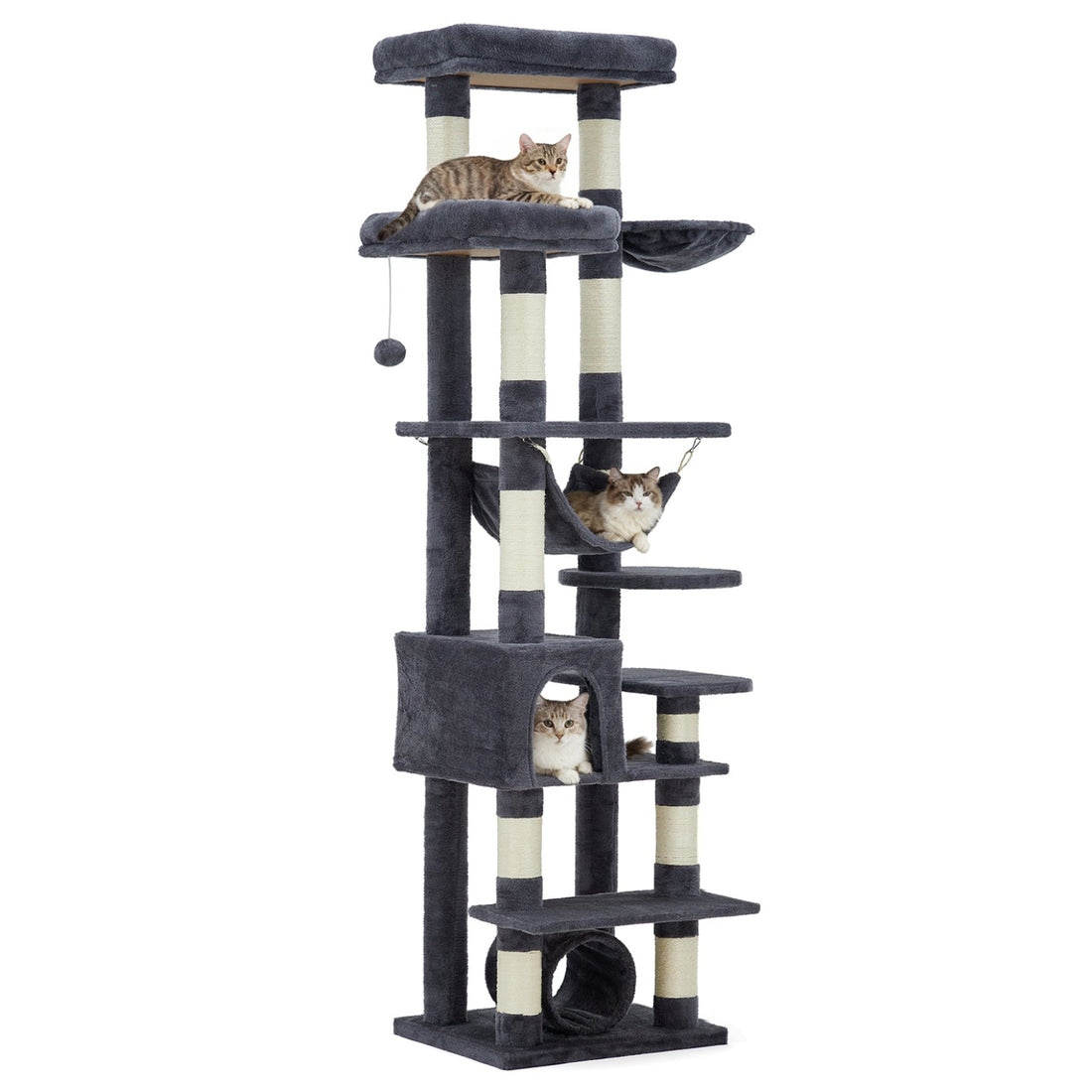 Garvee Grand Arbre à Chat de 188 cm avec Poteaux à Griffer, Niche, Perchoirs, Hamac, Tunnel et Gamelle, Gris Foncé