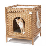 Garvee Woven Rattan Cat Litter Box Enclosure with Metal Frame – Hidden Litter Cabinet, Includes Cushion, Hooks & Mat, Decorative Odor-Control Cat House, Indoor, Natural Color