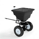 Garvee Tow-Behind Broadcast Seeder Spreader – 85 lbs Capacity – General Hitch – 30-Level Adjustable Stream – Container Cover – 10" Pneumatic Tires – Multi-Purpose for Lawn, Garden, Fertilizer, Seed, Salt, Ice Melt – Heavy Duty – Black Bucket (85 lbs | - 85 Pounds | Red Scoop