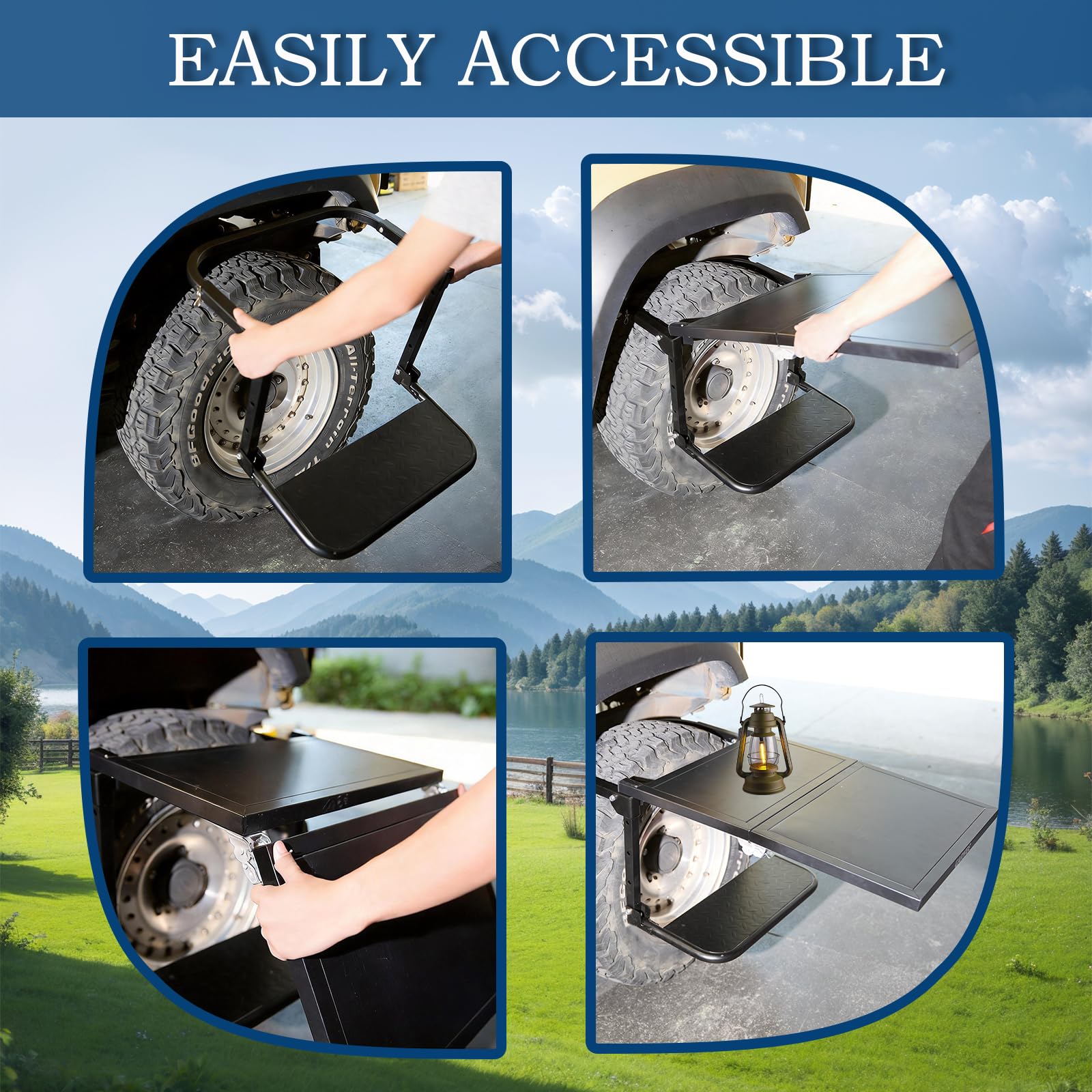 Garvee folding tire step mounted on a vehicle tire for easy access