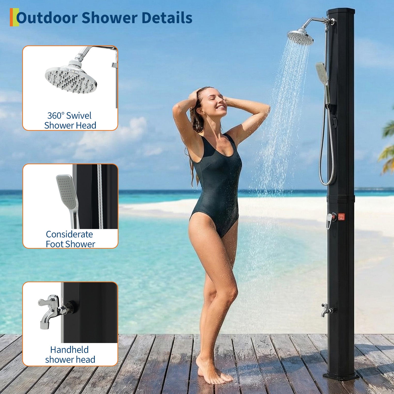 35L outdoor shower with swivel rainfall head handheld sprayer and lower foot faucet