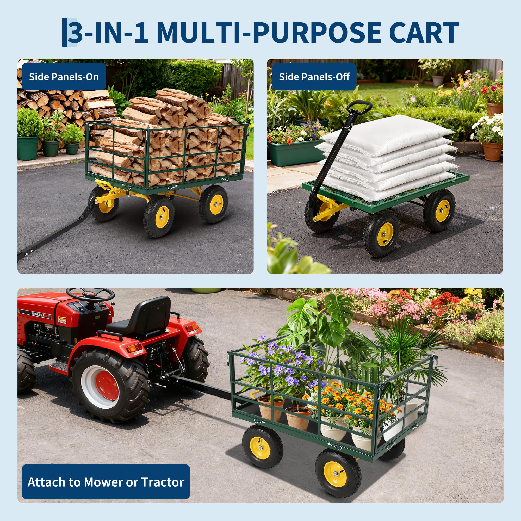green and black 1500 lbs 3-in-1 garden dump cart with removable side panels