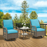 Garvee 3-Piece Outdoor Patio Bistro Set – All-Weather PE Wicker Swivel Rocking Chairs & Tempered Glass Side Table – Conversation Furniture with Cushions – Perfect for Porch, Backyard, or Poolside – Gray Rattan with Light Blue Cushion