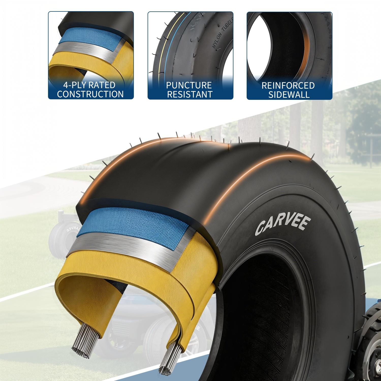 Square cutaway graphic showing reinforced 4 PR turf tire construction