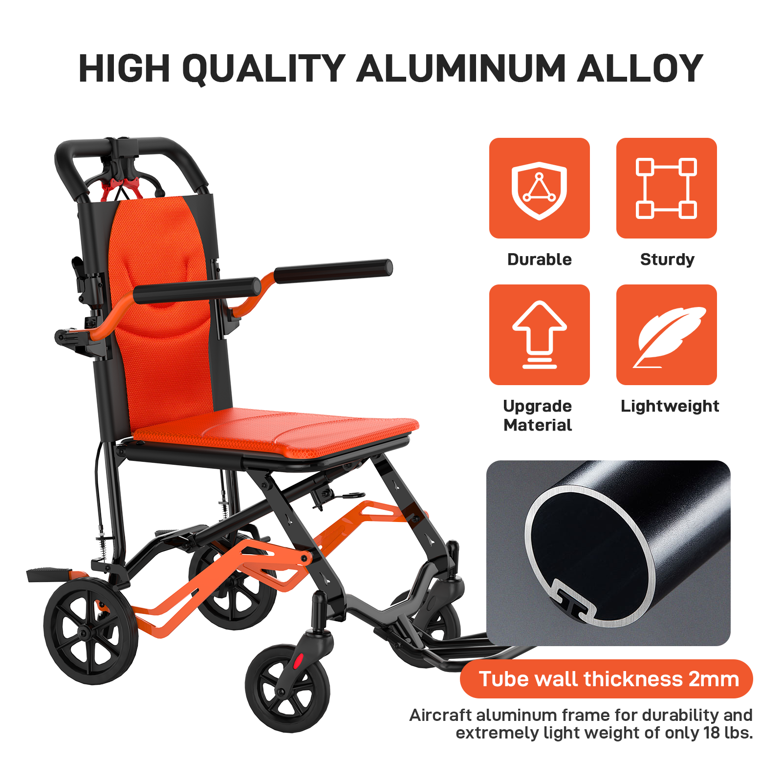 Black and orange aluminum transport chair with 18 pound frame and 220 pound capacity callouts
