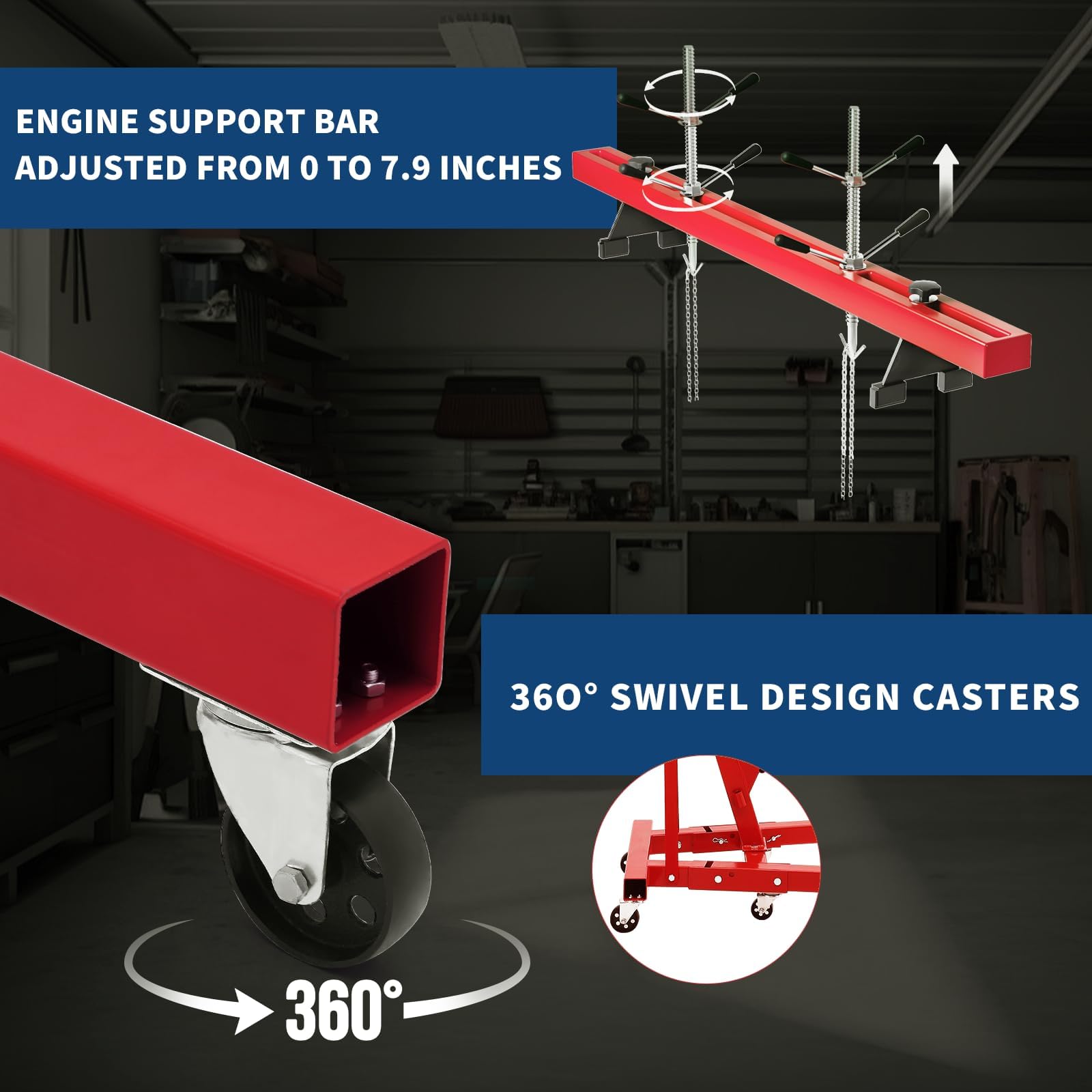360 degree swivel caster and adjustable engine support bar details
