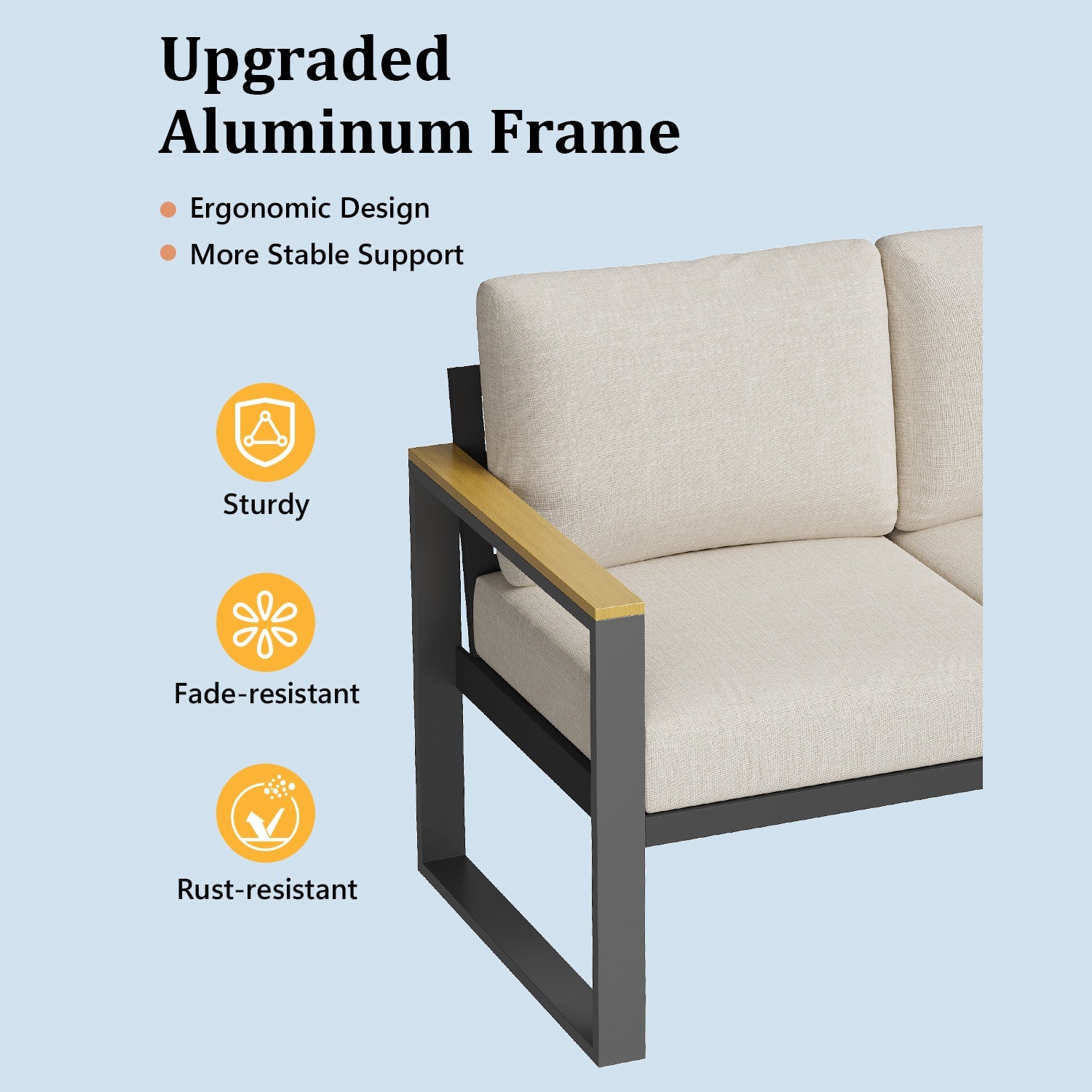 Beige patio armchair with an upgraded dark aluminum frame and warm arm accents