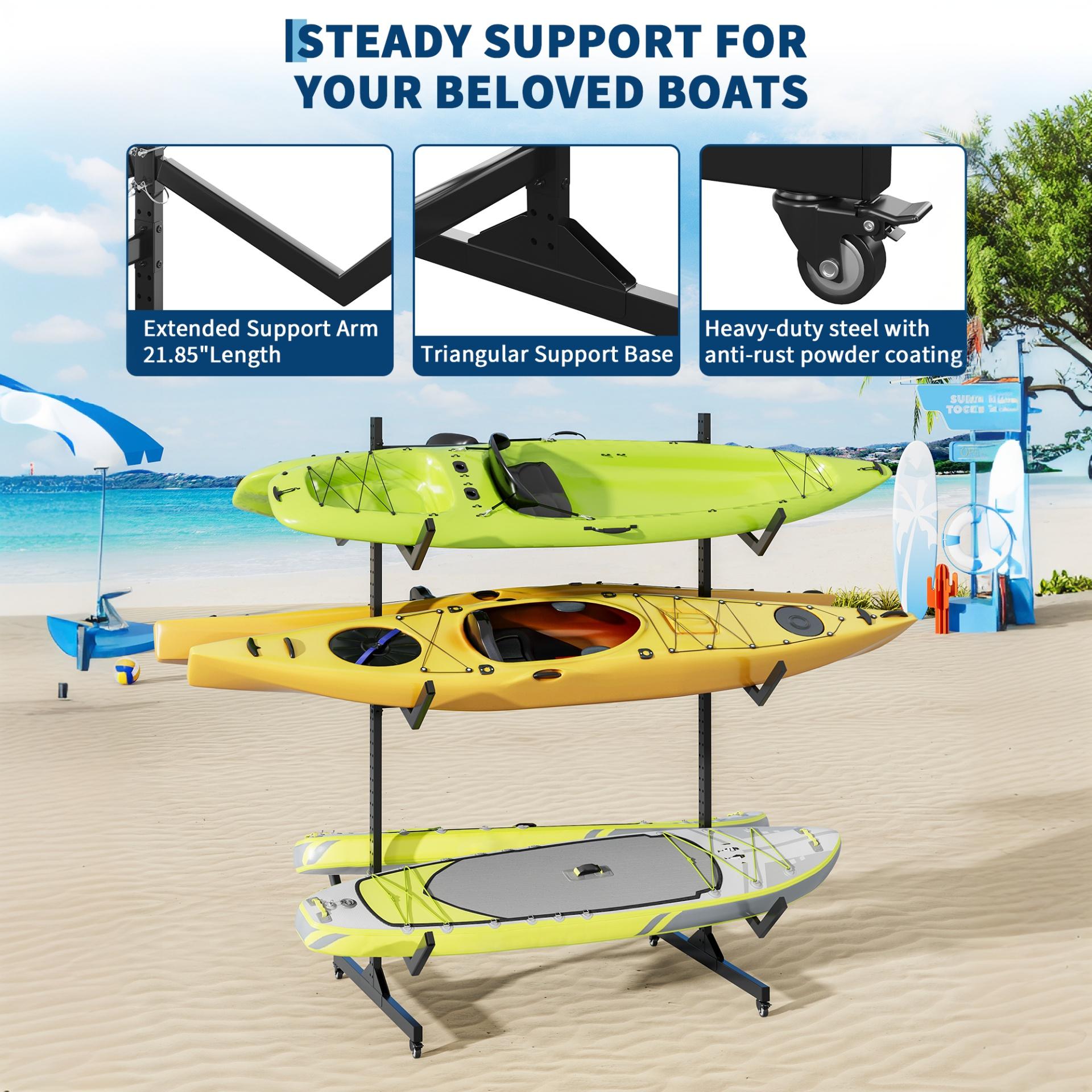 Extended padded kayak support arms and triangular steel base