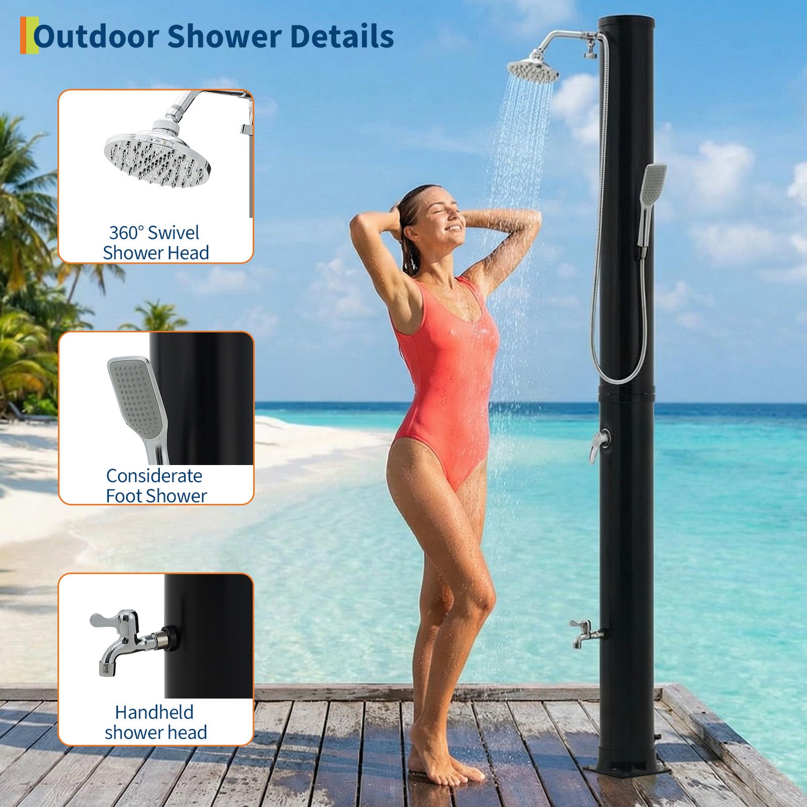 38L round outdoor shower with swivel rainfall head handheld sprayer and lower foot faucet