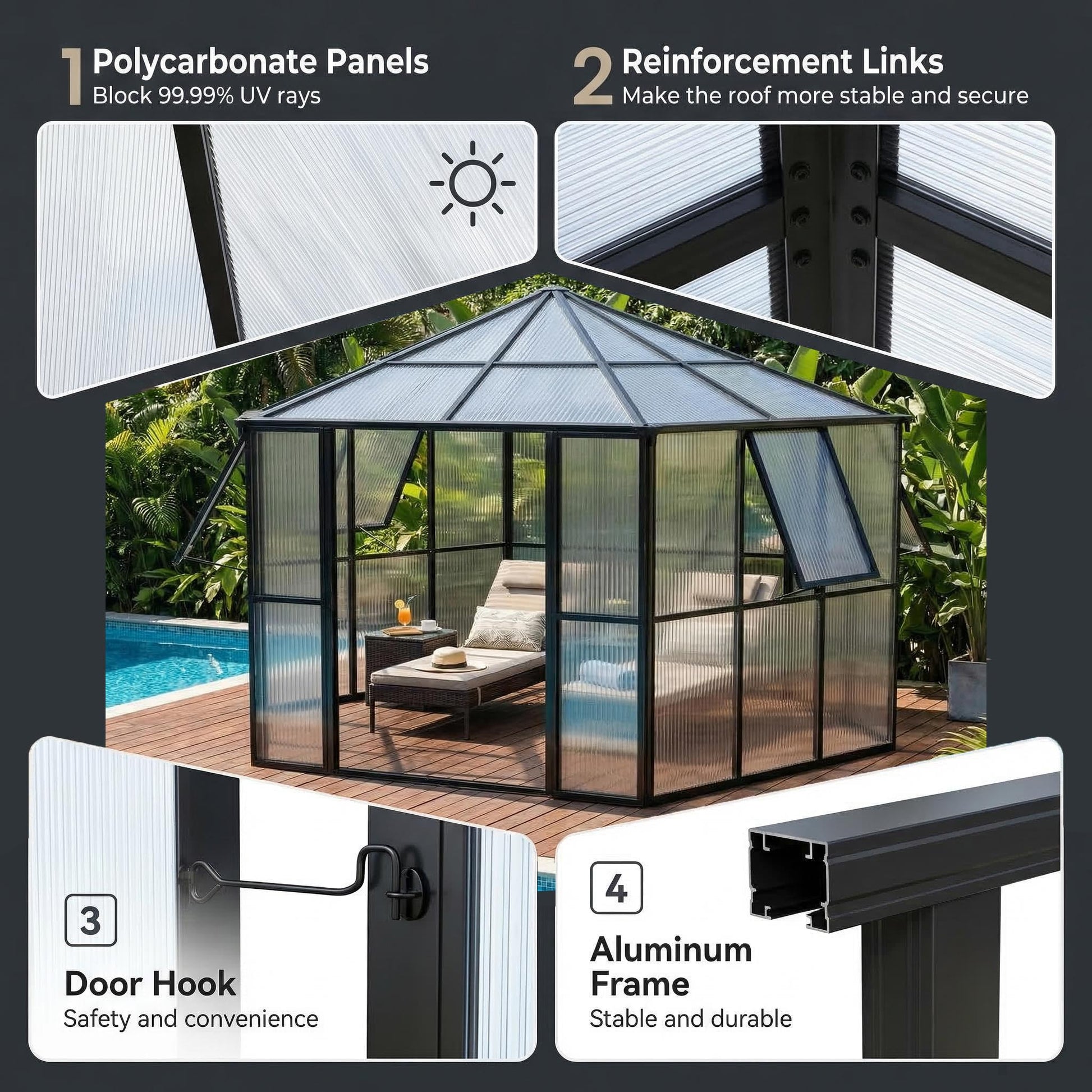 Polycarbonate panels and aluminum frame details for walk-in greenhouse