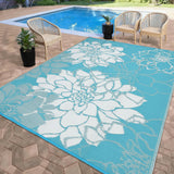 Garvee Reversible Outdoor Rug – Waterproof, UV Resistant Plastic Straw Patio Carpet – Modern Floral Design, Collapsible & Portable – Includes Storage Bag & 4 Stakes – Light Blue/White, 9x18ft (USA Spec) - Floral|Light Blue&White