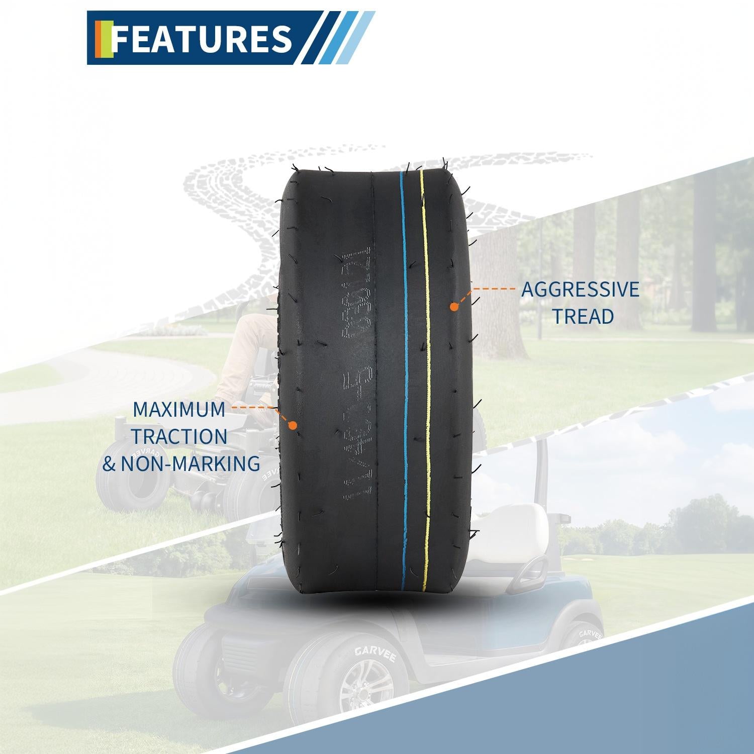 Square detail graphic showing turf tire tread and non marking traction