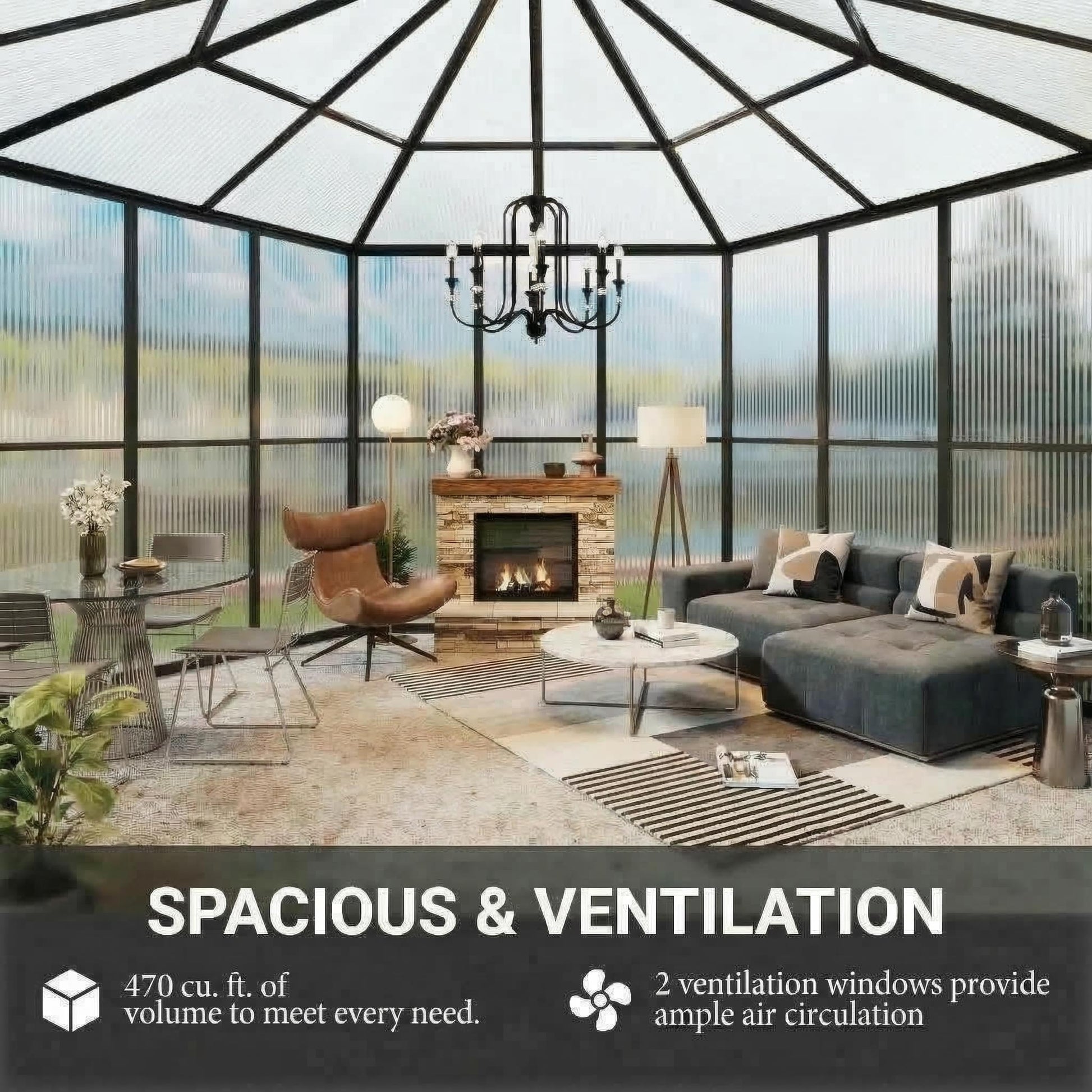 Spacious greenhouse interior with ventilation windows