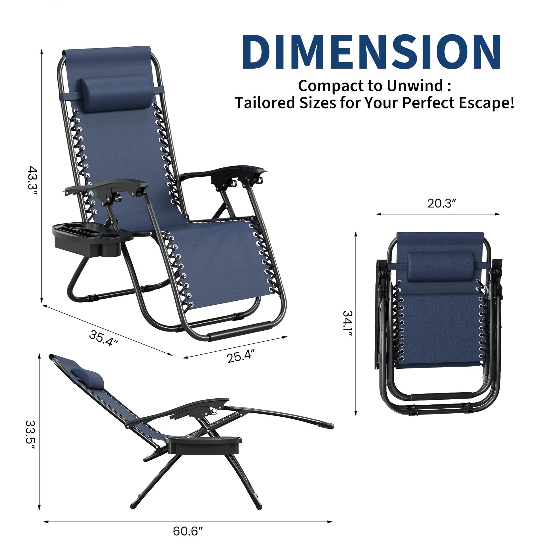 navy blue folding patio recliner with pillow and detachable tray