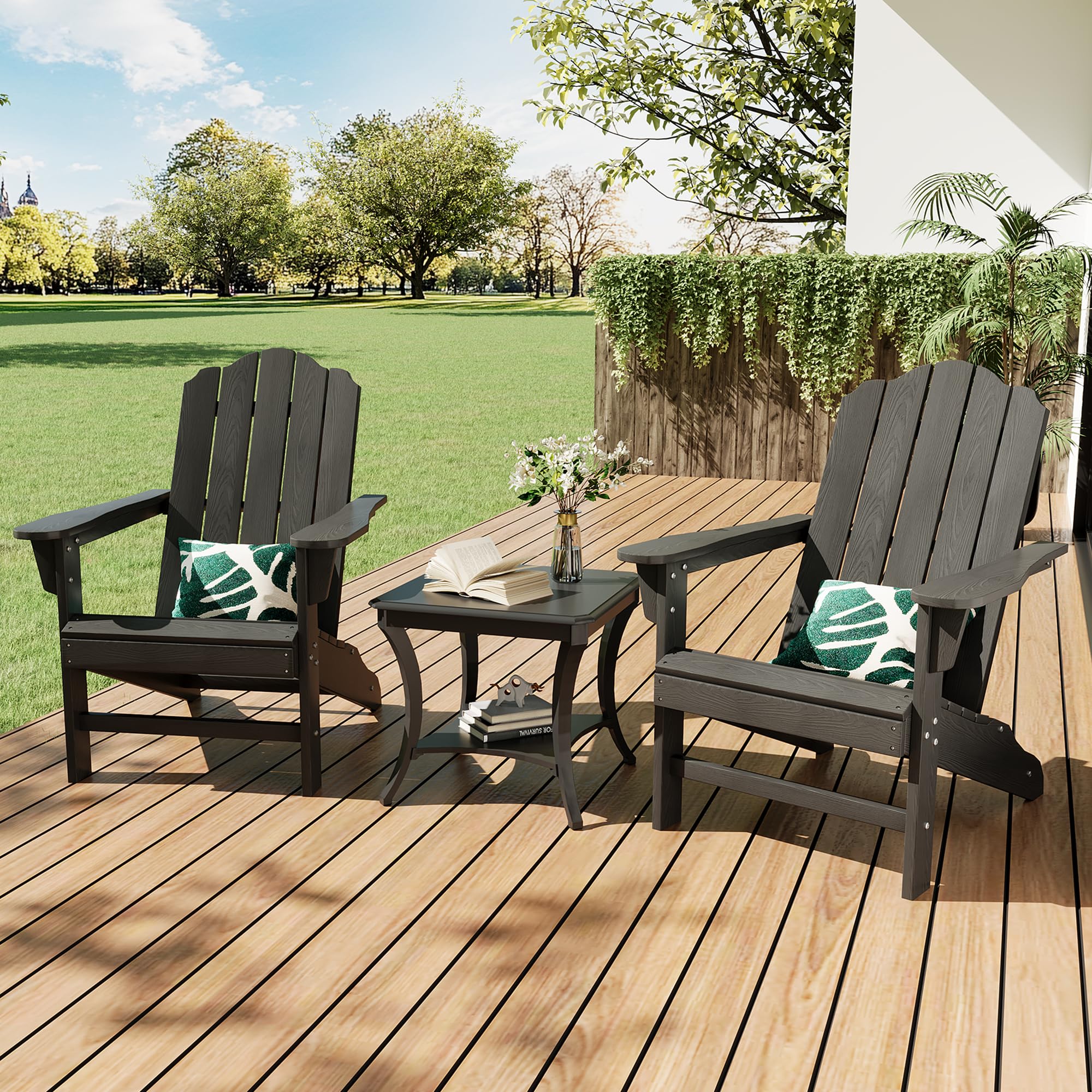 black Adirondack patio chair with reinforced triangular support base