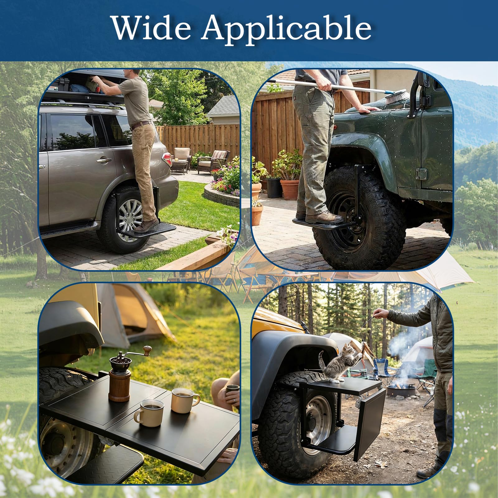 Garvee tire step used for roof rack access and as an outdoor table
