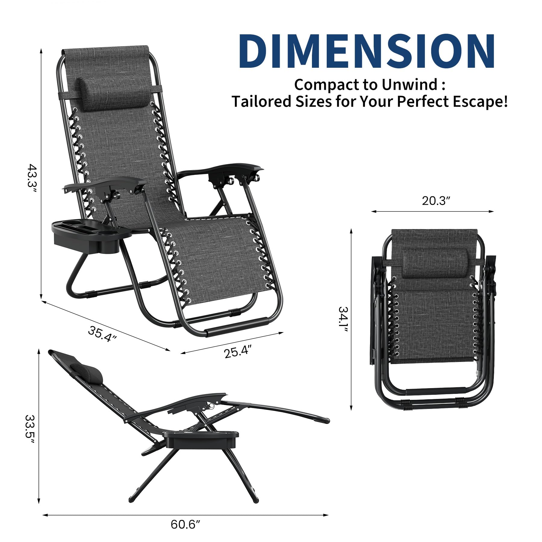 gray folding patio recliner with pillow and detachable tray