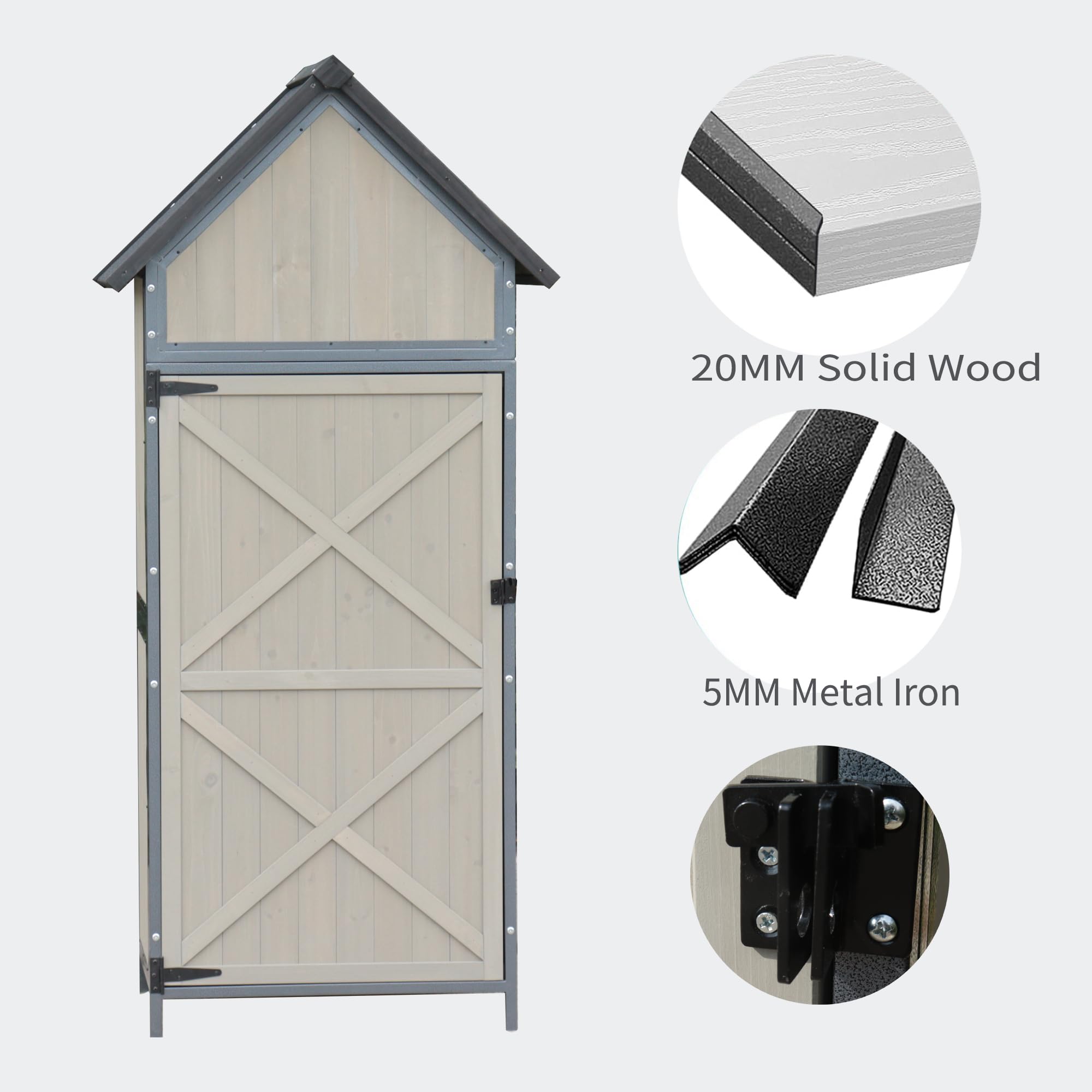 Garvee garden storage cabinet wood panels metal iron frame and padlock hasp details