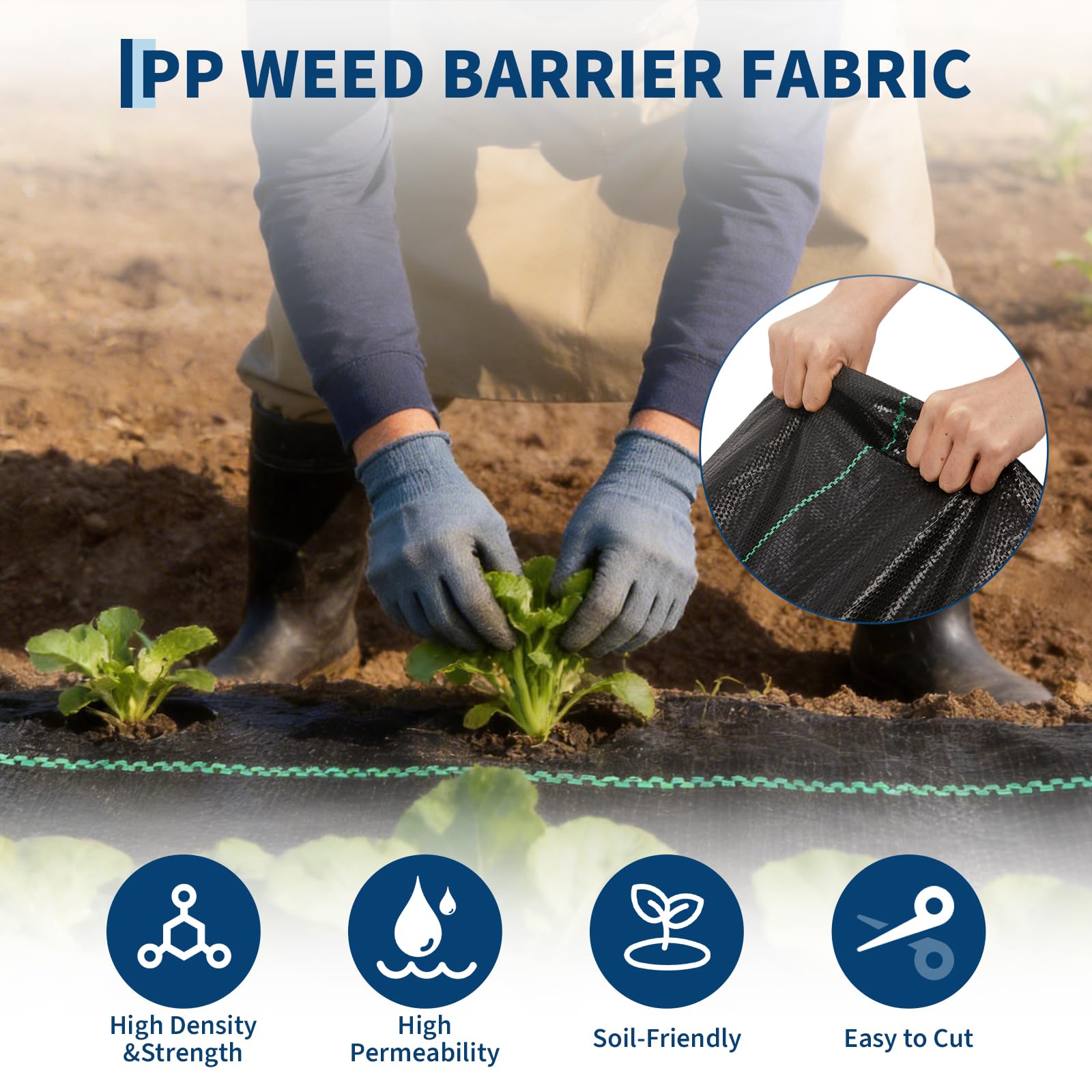 black woven polypropylene weed barrier fabric installed around garden plants with durability and drainage callouts