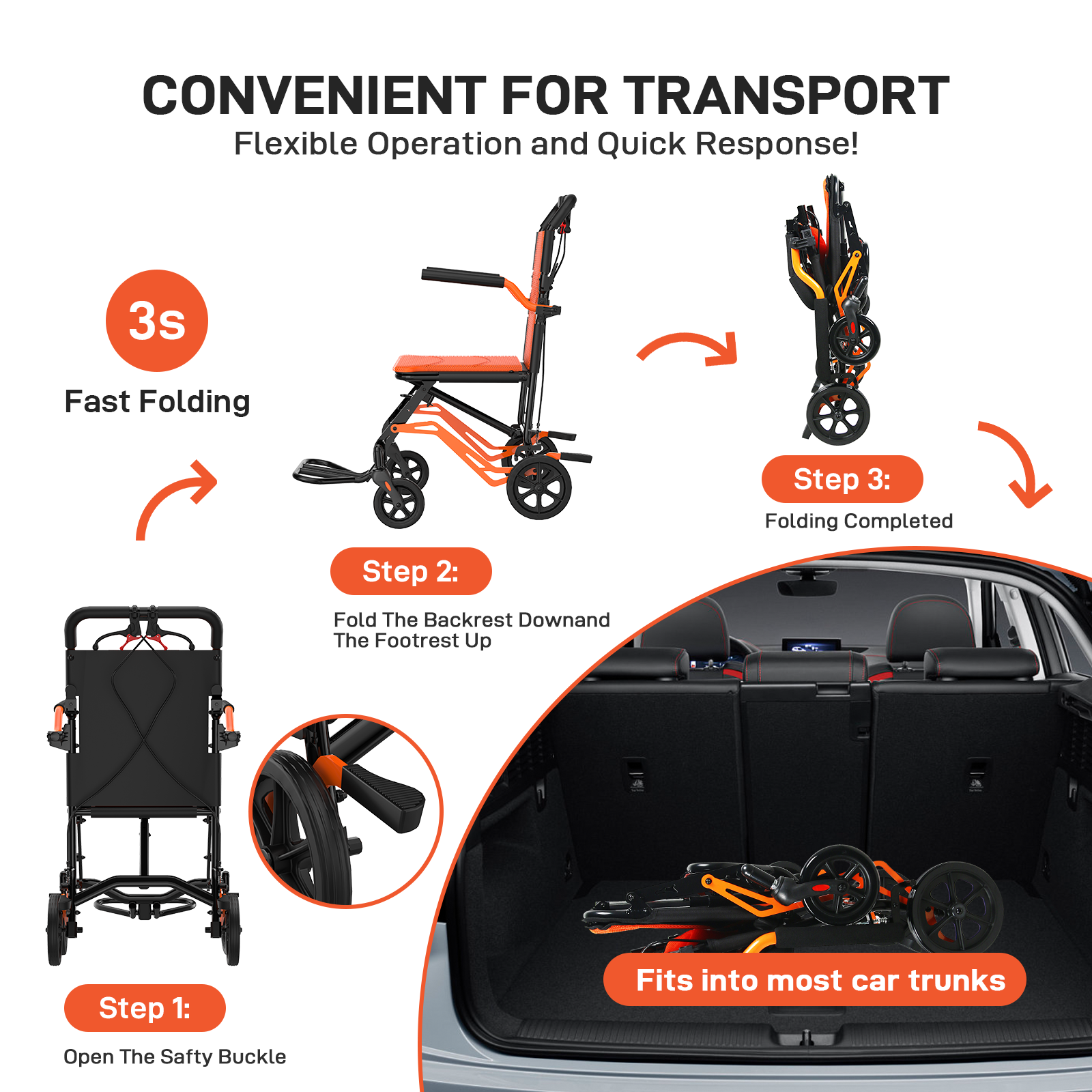 Black and orange transport chair folding sequence with compact trunk storage