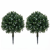 Garvee UV Resistant Artificial Boxwood Topiary Balls Set of 2 – 24" Faux Greenery Shrubs with White Flowers, Ground Spikes, Realistic Decorative Outdoor Plants for Porch, Garden, Planters – White - White