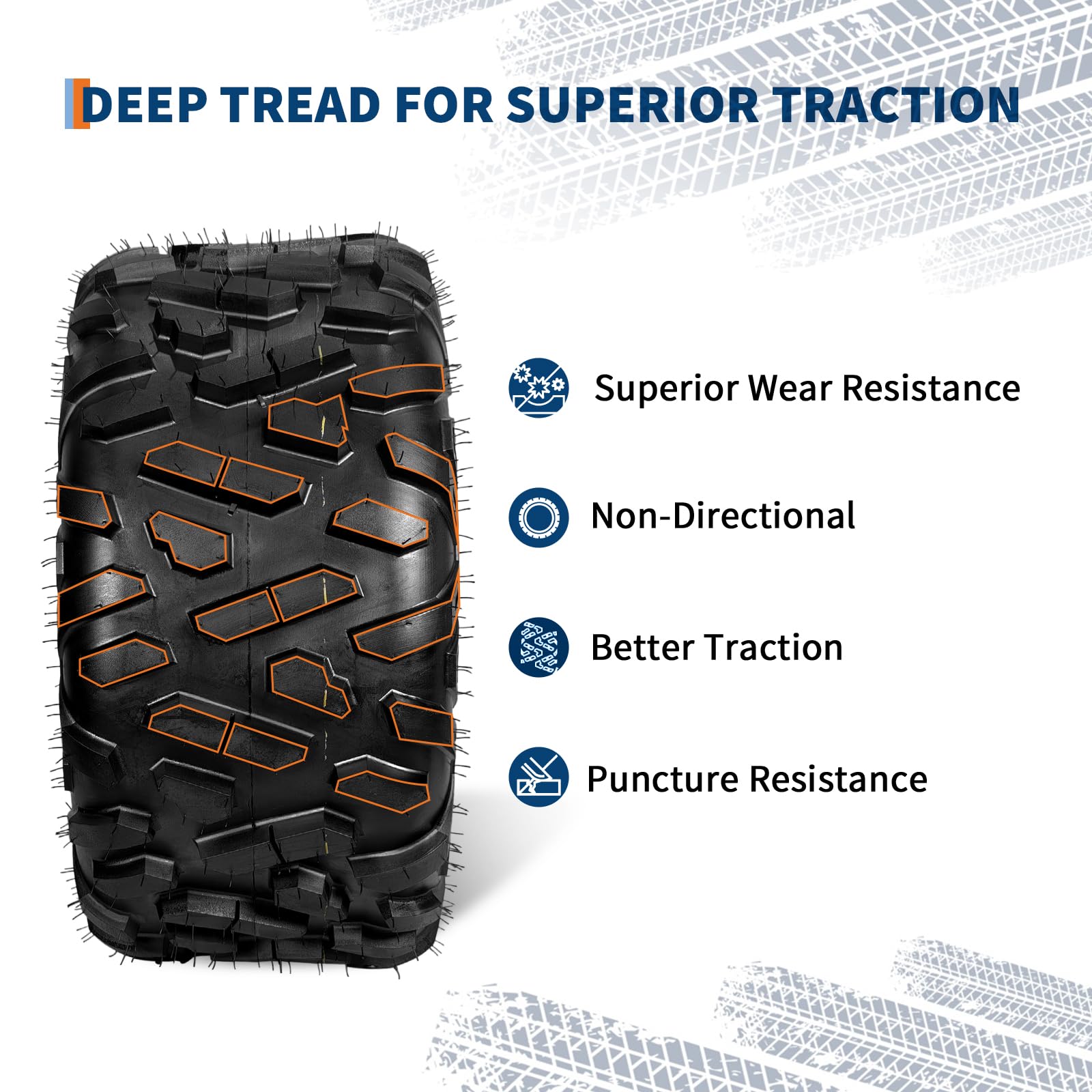 Deep non-directional ATV tire tread highlighting traction, wear resistance, and puncture resistance